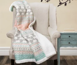 Turquoise & Pink Elephant Stripe Quilted Sherpa Throw, (50" X 60")