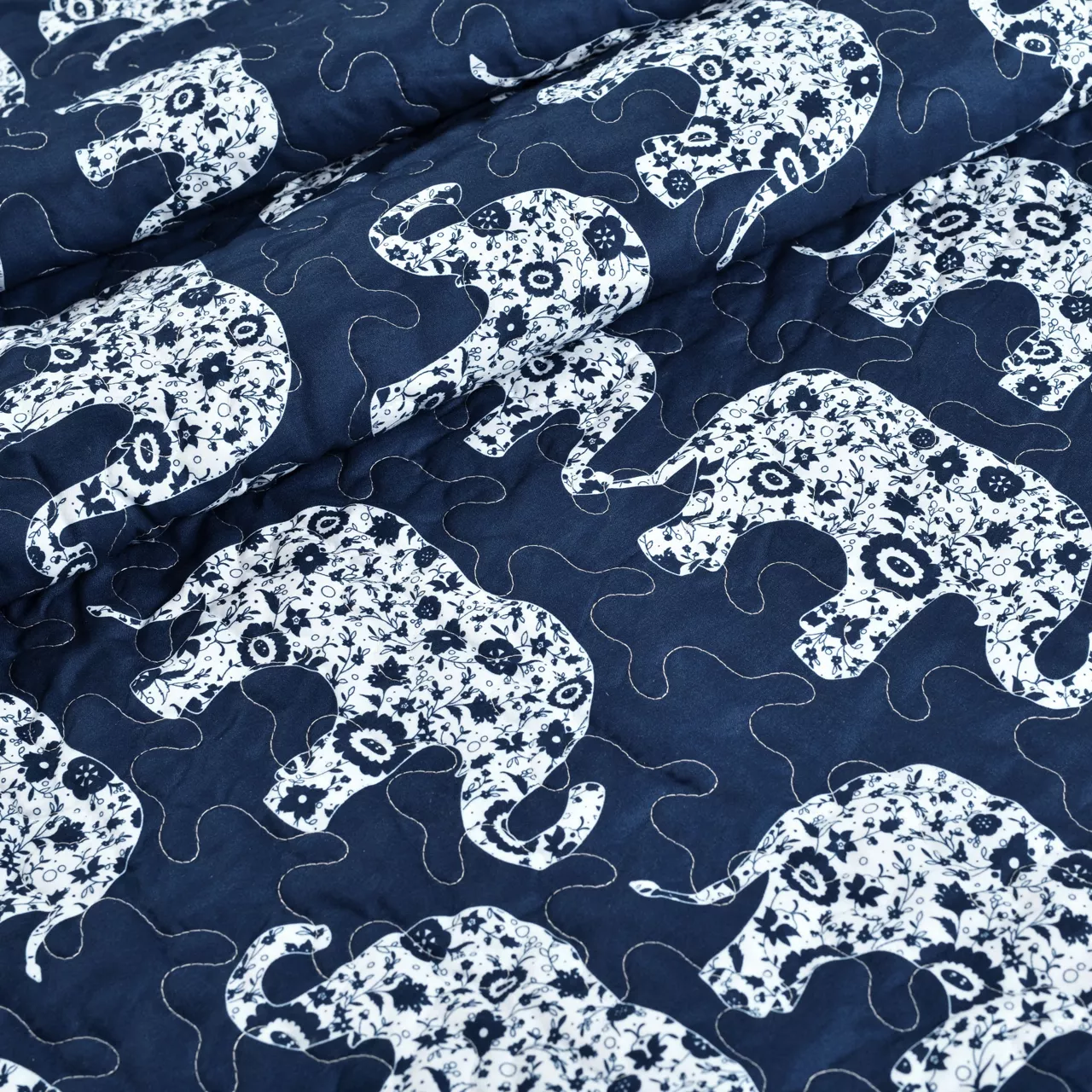 Navy & White Elephant Parade Quilted Sherpa Throw, (50" X 60") 2 Navy & White Elephant Parade Quilted Sherpa Throw, (50" X 60") - Image 2