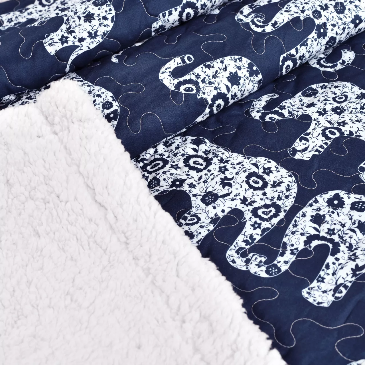 Navy & White Elephant Parade Quilted Sherpa Throw, (50" X 60") 3 Navy & White Elephant Parade Quilted Sherpa Throw, (50" X 60") - Image 3