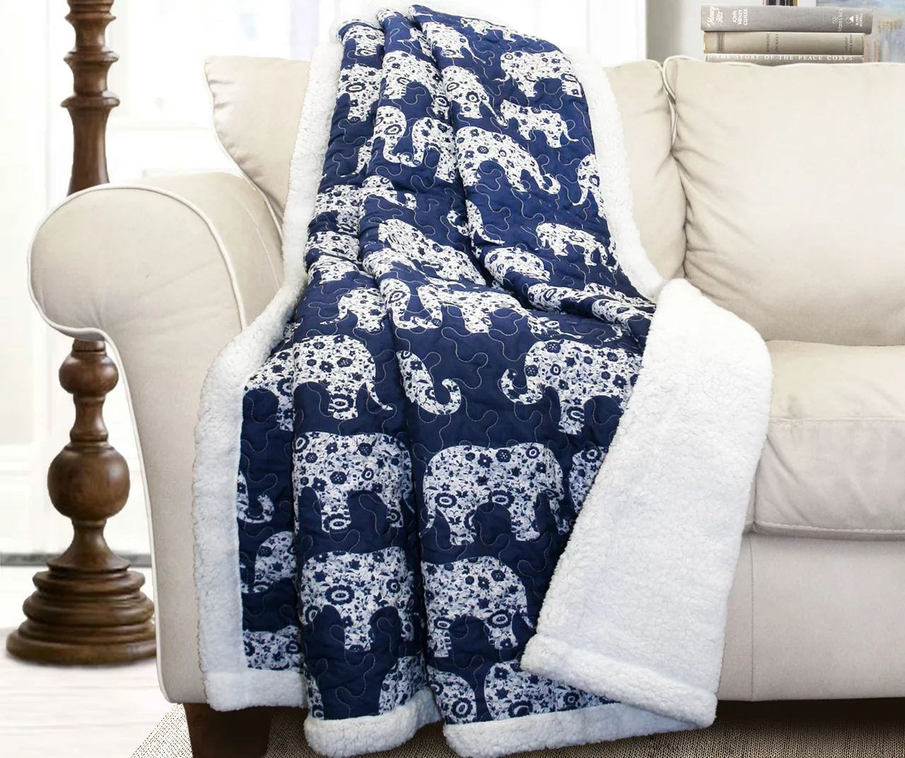 Navy & White Elephant Parade Quilted Sherpa Throw, (50" X 60") 1 Navy & White Elephant Parade Quilted Sherpa Throw, (50" X 60")