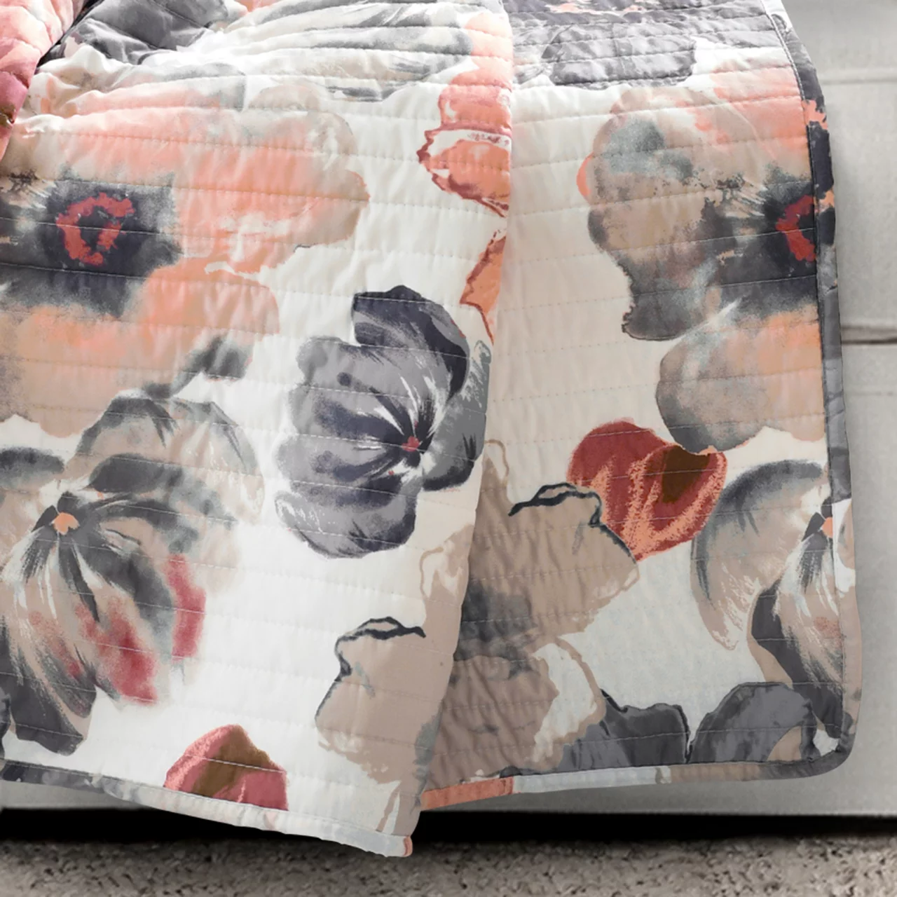 Leah Coral & Gray Floral Quilted Throw, (50" X 60") 6 Leah Coral & Gray Floral Quilted Throw, (50" X 60") - Image 6
