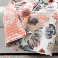 Leah Coral & Gray Floral Quilted Throw, (50" X 60") 9 Leah Coral & Gray Floral Quilted Throw, (50" X 60") -Home Decor Store 810553529 3