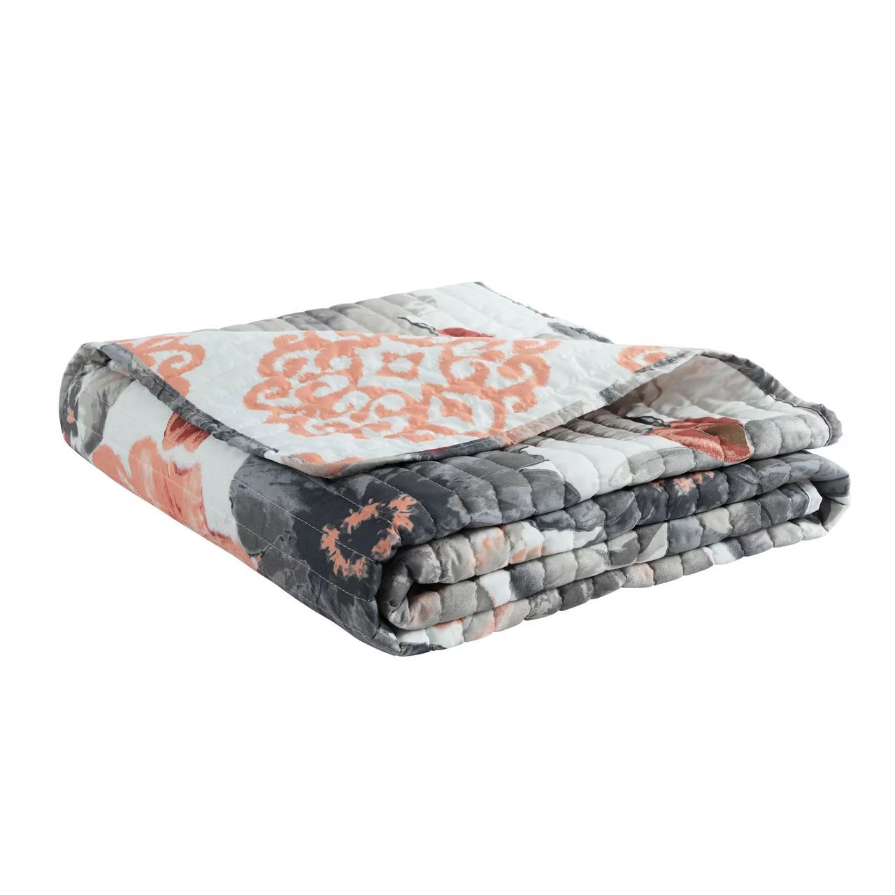 Leah Coral & Gray Floral Quilted Throw, (50" X 60") 5 Leah Coral & Gray Floral Quilted Throw, (50" X 60") - Image 5