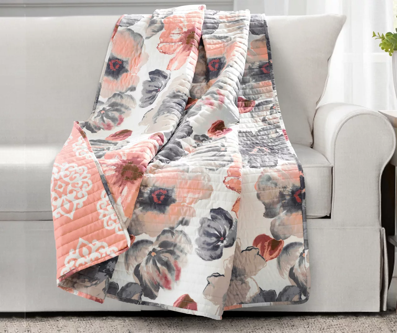 Leah Coral & Gray Floral Quilted Throw, (50" X 60") 1 Leah Coral & Gray Floral Quilted Throw, (50" X 60")