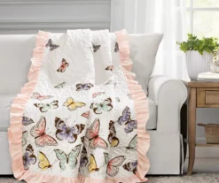 Pastel & Pink Flutter Butterfly Ruffle-Trim Quilted Throw, (50" X 60")