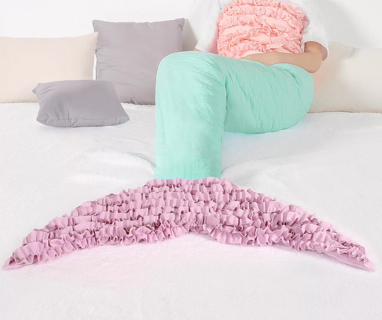 Pink & Mint Ruffle Sherpa Mermaid Tail Wearable Throw 1 Pink & Mint Ruffle Sherpa Mermaid Tail Wearable Throw
