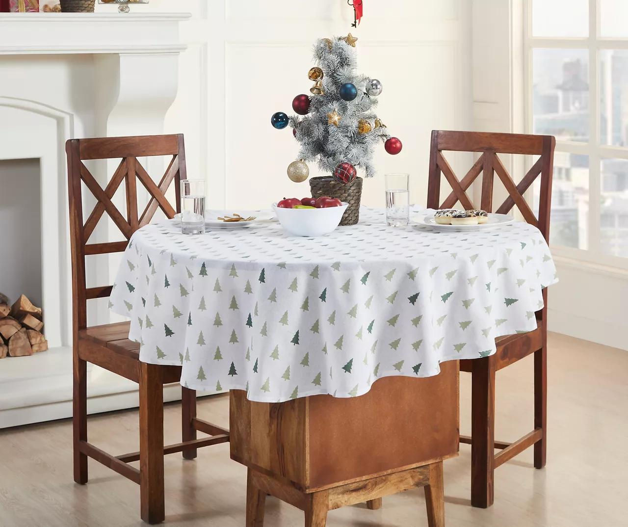 Arctic Enchantment White & Green Christmas Trees Fabric Tablecloth 2 Arctic Enchantment White & Green Christmas Trees Fabric Tablecloth - Image 2