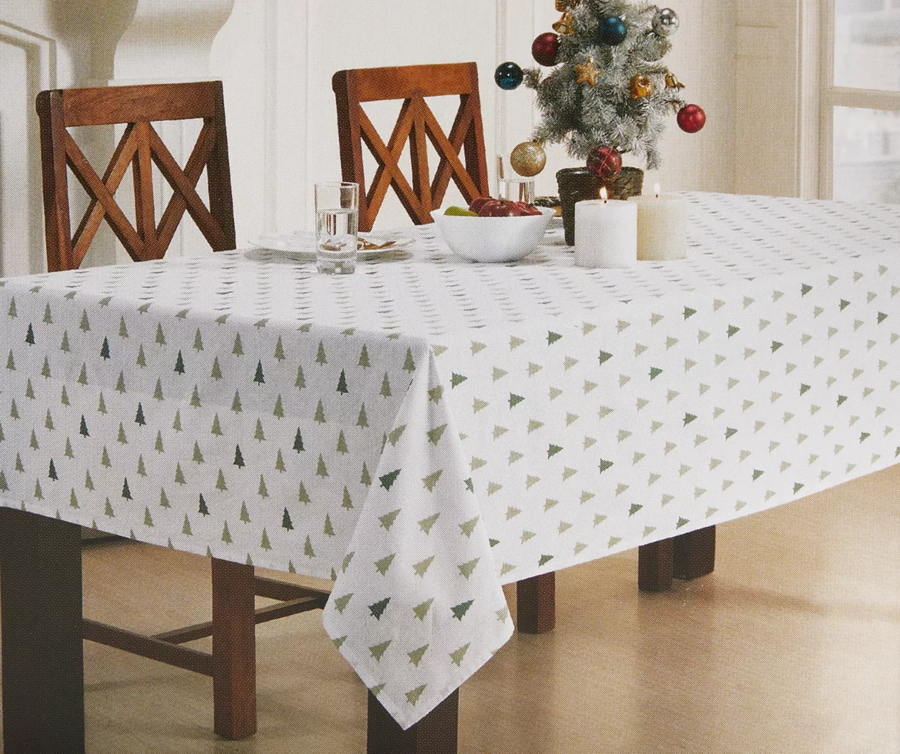Arctic Enchantment White & Green Christmas Trees Fabric Tablecloth 1 Arctic Enchantment White & Green Christmas Trees Fabric Tablecloth
