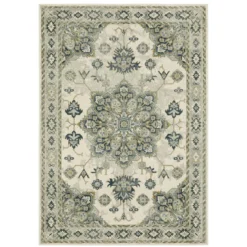 Pamona Ivory & Blue Geometric Medallion Area Rug, (1.1' X 7.3')