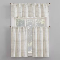 Crest White & Blue Dash Grid Light-Filtering Rod Pocket Tier & Valance Curtain Set, (36" X 58")