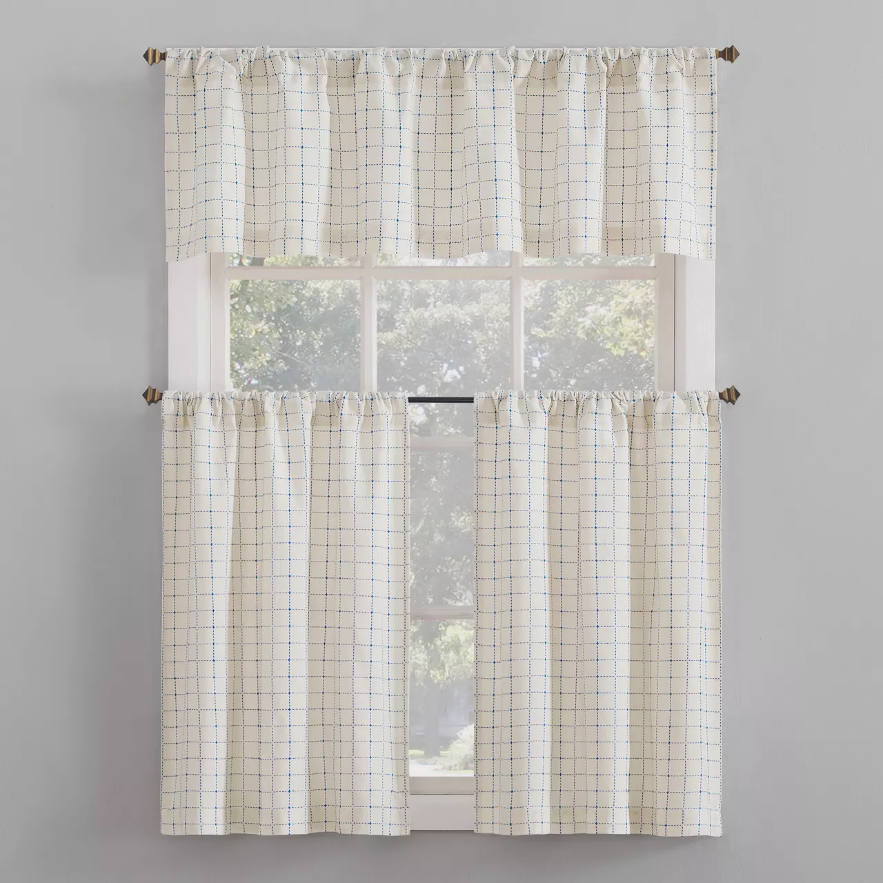 Crest White & Blue Dash Grid Light-Filtering Rod Pocket Tier & Valance Curtain Set, (36" X 58") 1 Crest White & Blue Dash Grid Light-Filtering Rod Pocket Tier & Valance Curtain Set, (36" X 58")