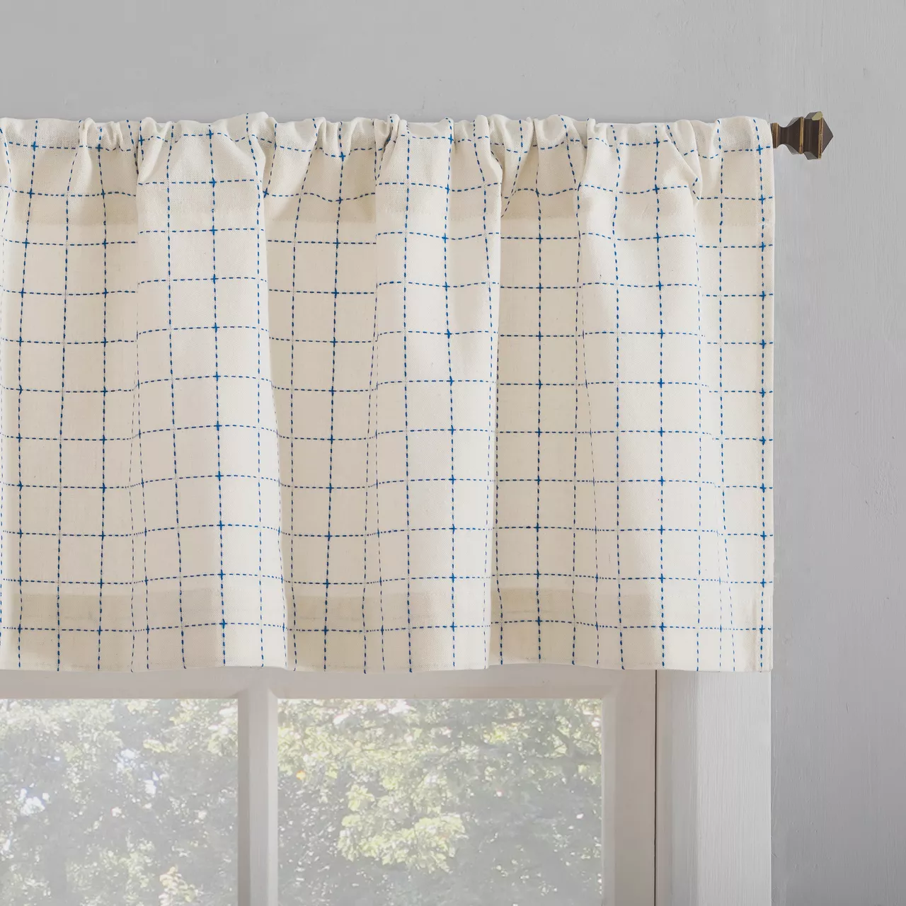 Crest White & Blue Dash Grid Light-Filtering Rod Pocket Tier & Valance Curtain Set, (36" X 58") 2 Crest White & Blue Dash Grid Light-Filtering Rod Pocket Tier & Valance Curtain Set, (36" X 58") - Image 2