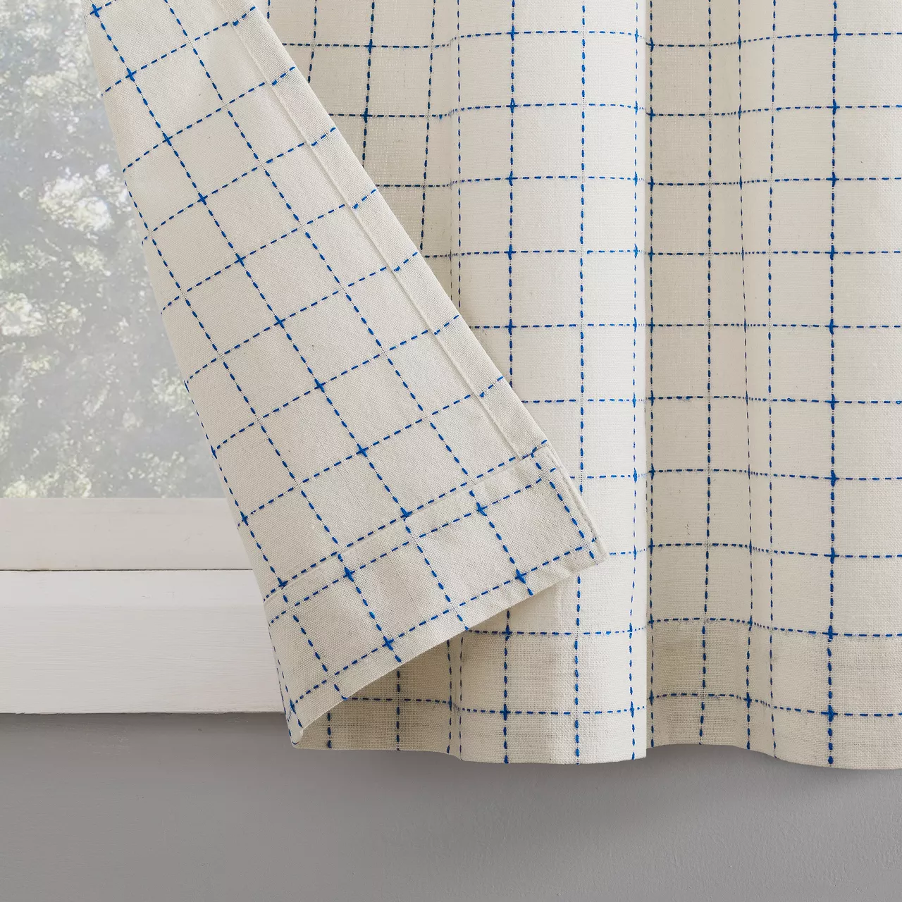 Crest White & Blue Dash Grid Light-Filtering Rod Pocket Tier & Valance Curtain Set, (36" X 58") 3 Crest White & Blue Dash Grid Light-Filtering Rod Pocket Tier & Valance Curtain Set, (36" X 58") - Image 3