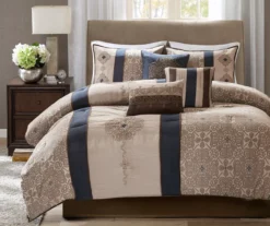 Perry Navy & Brown Medallion Jacquard Queen 7-Piece Comforter Set