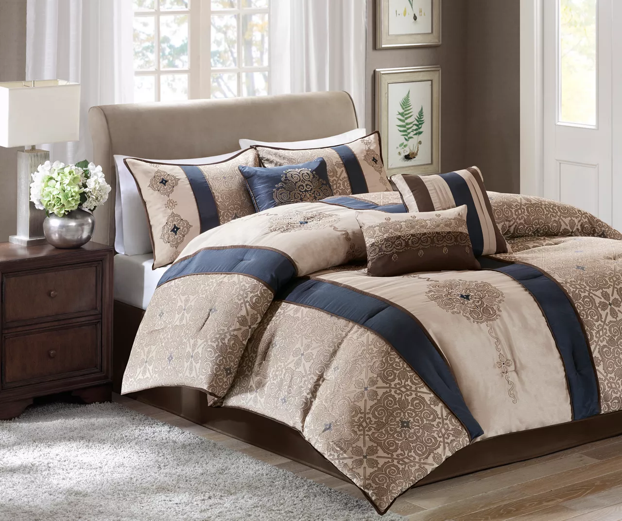 Perry Navy & Brown Medallion Jacquard California King 7-Piece Comforter Set 2 Perry Navy & Brown Medallion Jacquard California King 7-Piece Comforter Set - Image 2