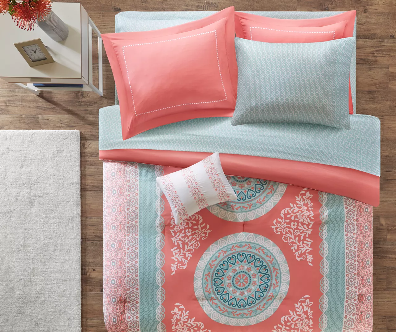 Blaire Coral & Aqua Boho Medallion Twin XL 8-Piece Comforter Set 3 Blaire Coral & Aqua Boho Medallion Twin XL 8-Piece Comforter Set - Image 3