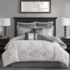 Eliot Silver & White Damask Jacquard Queen 8-Piece Comforter Set