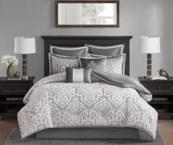 Eliot Silver & White Damask Jacquard Queen 8-Piece Comforter Set