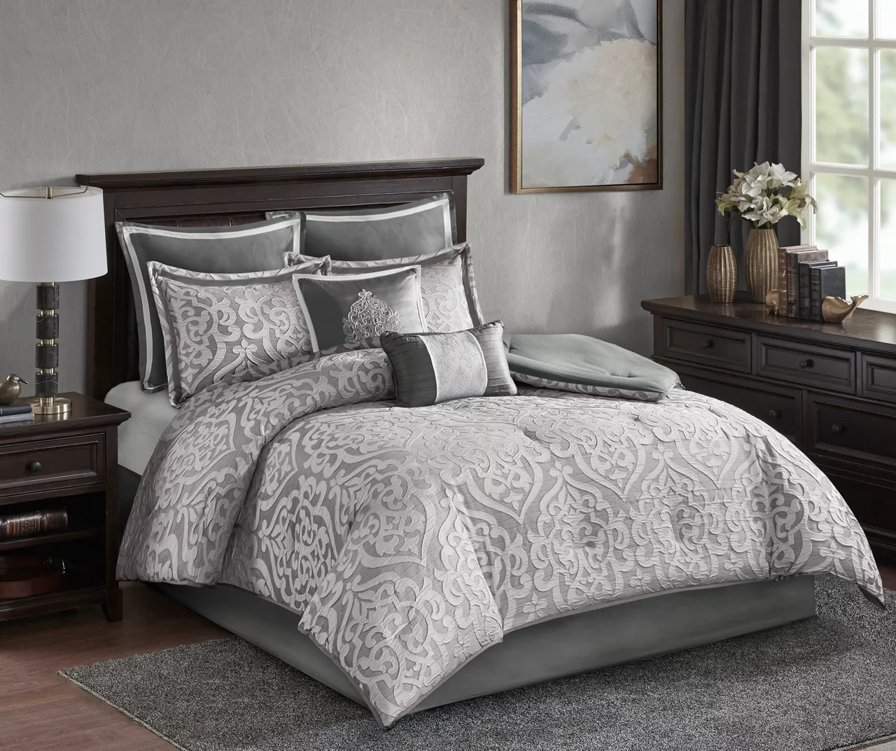 Eliot Silver & White Damask Jacquard Queen 8-Piece Comforter Set 2 Eliot Silver & White Damask Jacquard Queen 8-Piece Comforter Set - Image 2