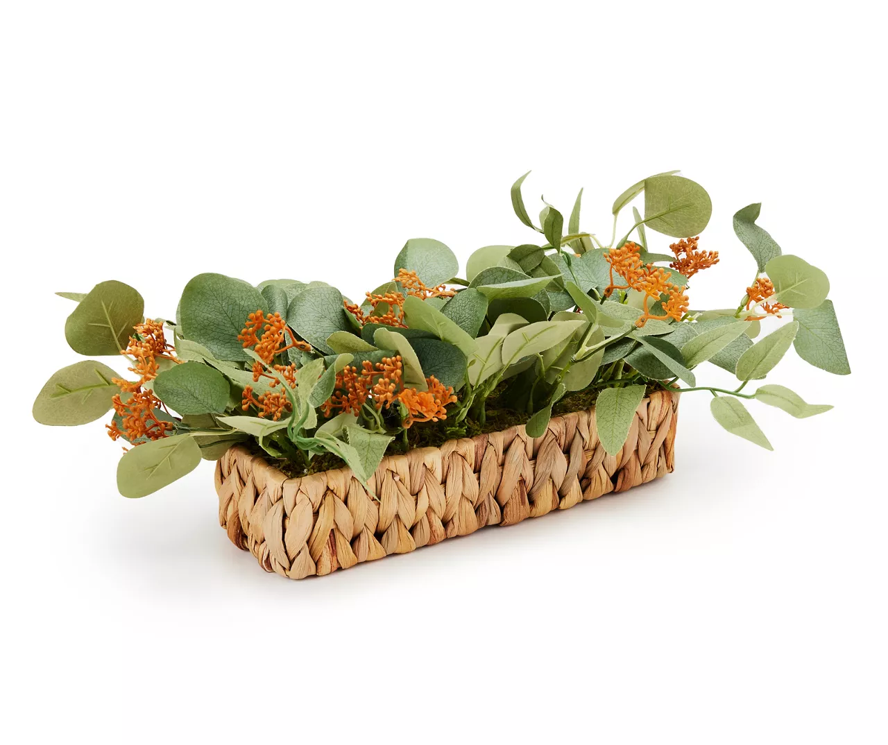 New Beginnings Green & Orange Artificial Greenery In Woven Tray 1 New Beginnings Green & Orange Artificial Greenery In Woven Tray