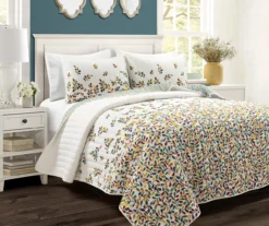 White & Multi-Color Boho Leaf Reversible Full/Queen 3-Piece Quilt Set