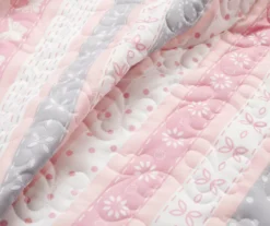 Sara Lily Pink & Gray Pattern Stripe Reversible Twin XL 2-Piece Quilt Set -Home Decor Store 810596075 2 1