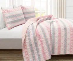 Lush Decor Sara Lily Pink & Gray Pattern Stripe Reversible Quilt Set -Home Decor Store 810596076 1