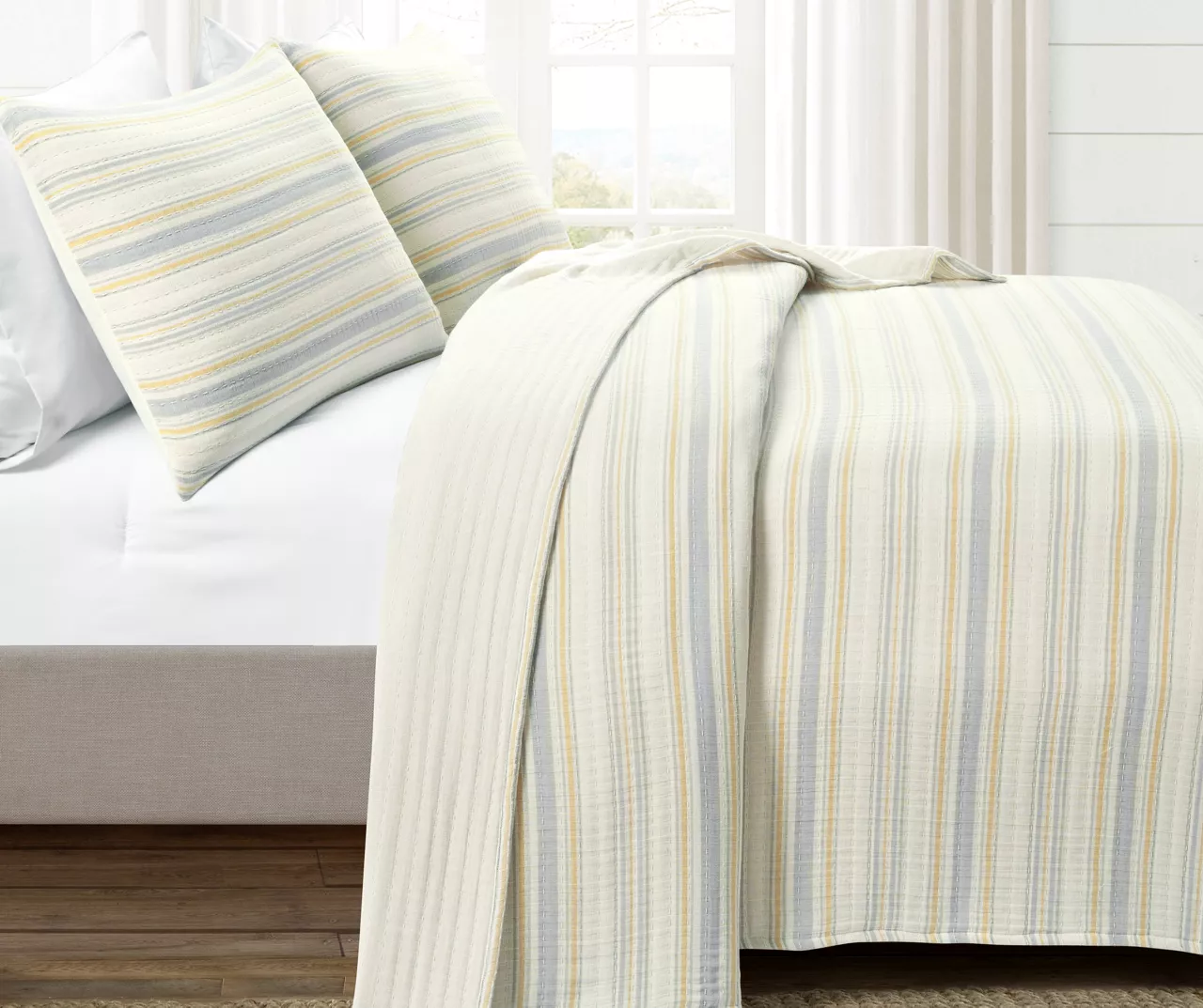 Lush Decor Solange Yellow & Gray Stripe Cotton Quilted Coverlet Set 9 Lush Decor Solange Yellow & Gray Stripe Cotton Quilted Coverlet Set - Image 9