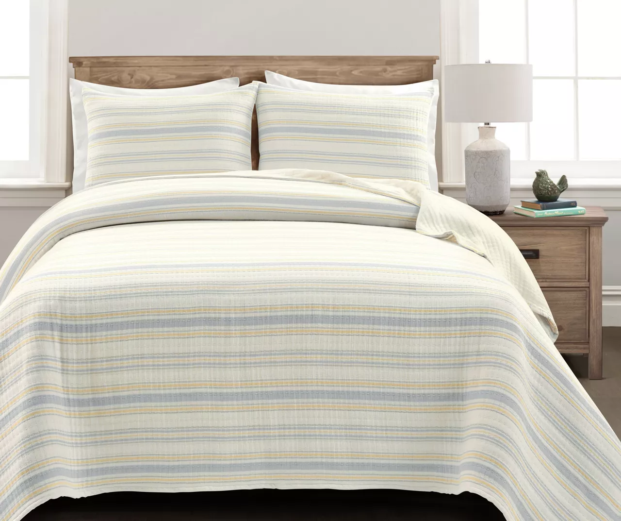 Lush Decor Solange Yellow & Gray Stripe Cotton Quilted Coverlet Set 2 Lush Decor Solange Yellow & Gray Stripe Cotton Quilted Coverlet Set - Image 2