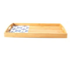 White & Blue Geometric Bamboo Serving Tray, (20" X 12")
