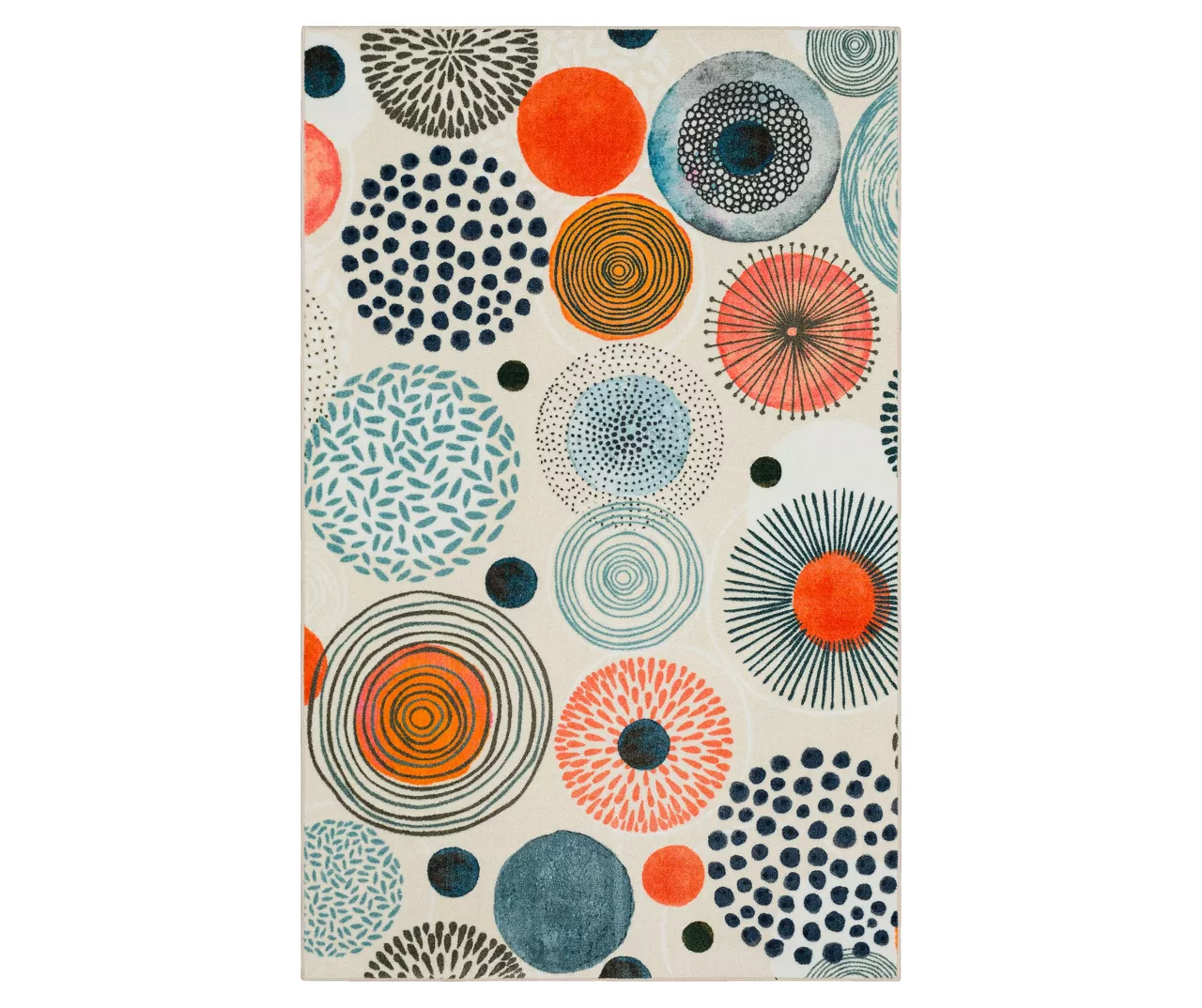 White, Orange & Blue Patterned Circles Area Rug, (5' X 8') 1 White, Orange & Blue Patterned Circles Area Rug, (5' X 8')