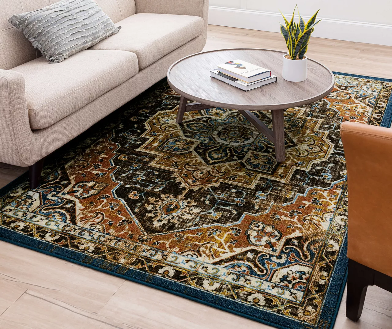 Eason Brown & Navy Ornamental Area Rug, (5' X 8') 8 Eason Brown & Navy Ornamental Area Rug, (5' X 8') - Image 8