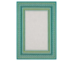 Panama Teal & White Geo-Bordered Outdoor Area Rug, (4' X 5.5')
