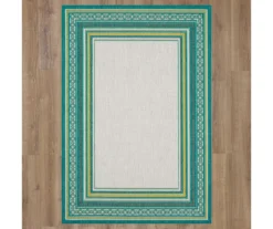 Panama Teal & White Geo-Bordered Outdoor Area Rug, (4' X 5.5') -Home Decor Store 810600363 A0 2