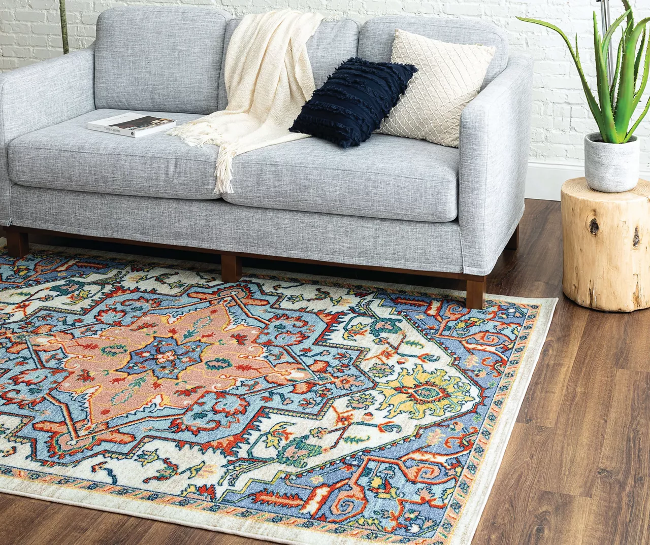 Tethys Blue & Peach Ornamental Area Rug, (5' X 8') 7 Tethys Blue & Peach Ornamental Area Rug, (5' X 8') - Image 7