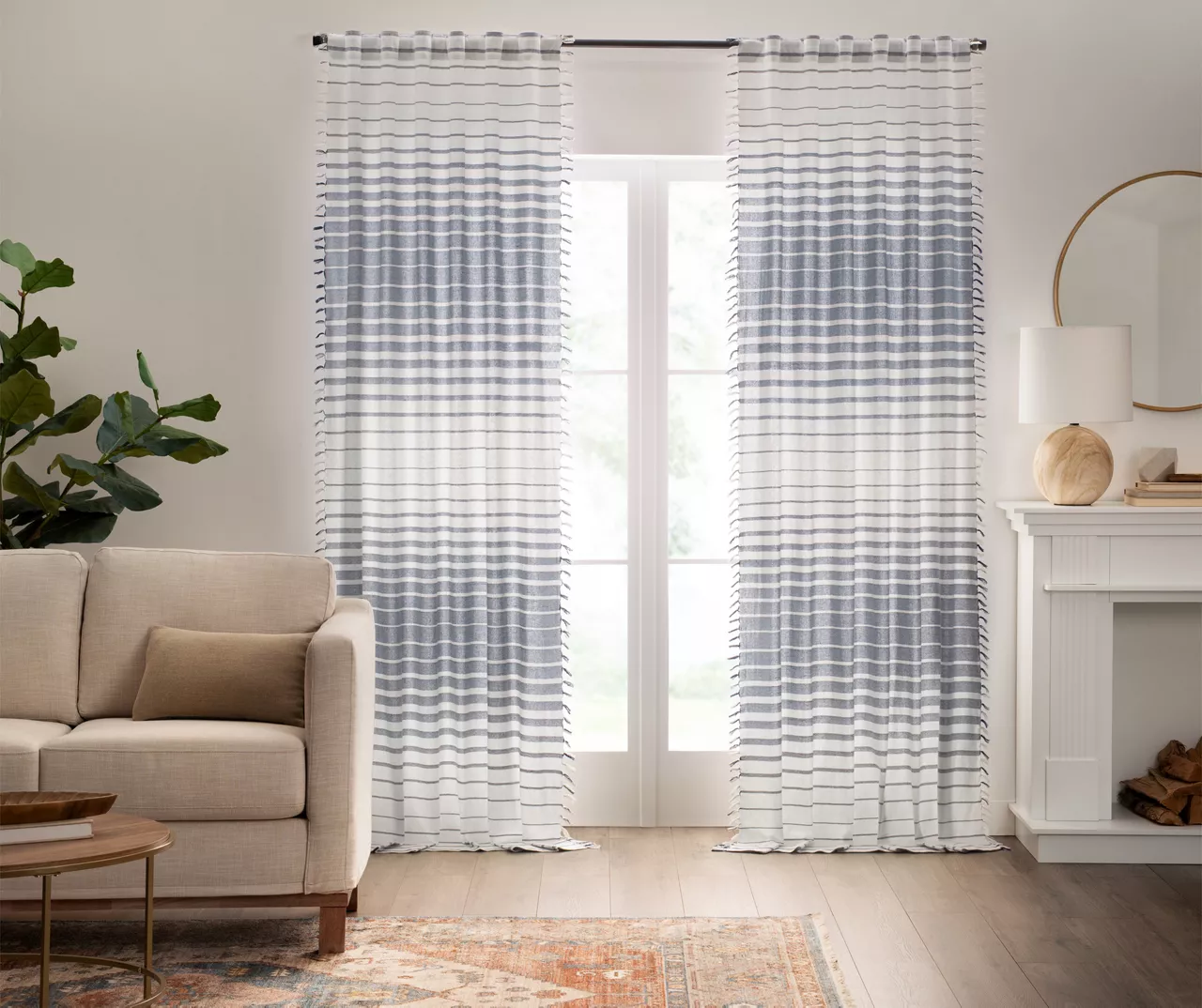 Amari White & Navy Stripe Light-Filtering Rod Pocket Curtain Panel, (95") 1 Amari White & Navy Stripe Light-Filtering Rod Pocket Curtain Panel, (95")