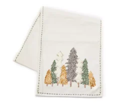 Festive Gathering White & Green Embroidered Trees Table Runner