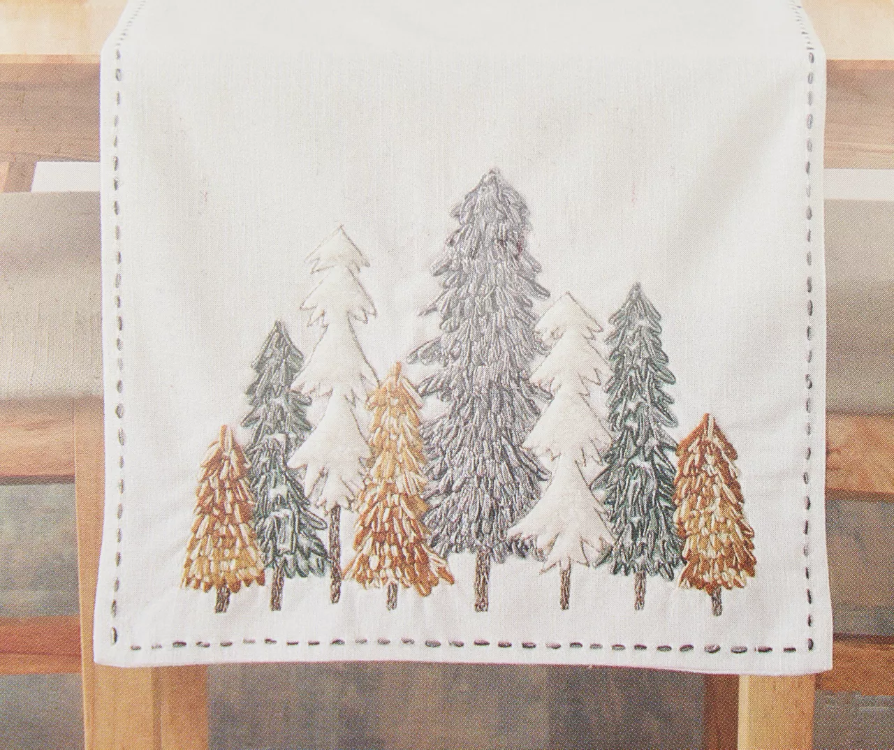 Festive Gathering White & Green Embroidered Trees Table Runner 2 Festive Gathering White & Green Embroidered Trees Table Runner - Image 2