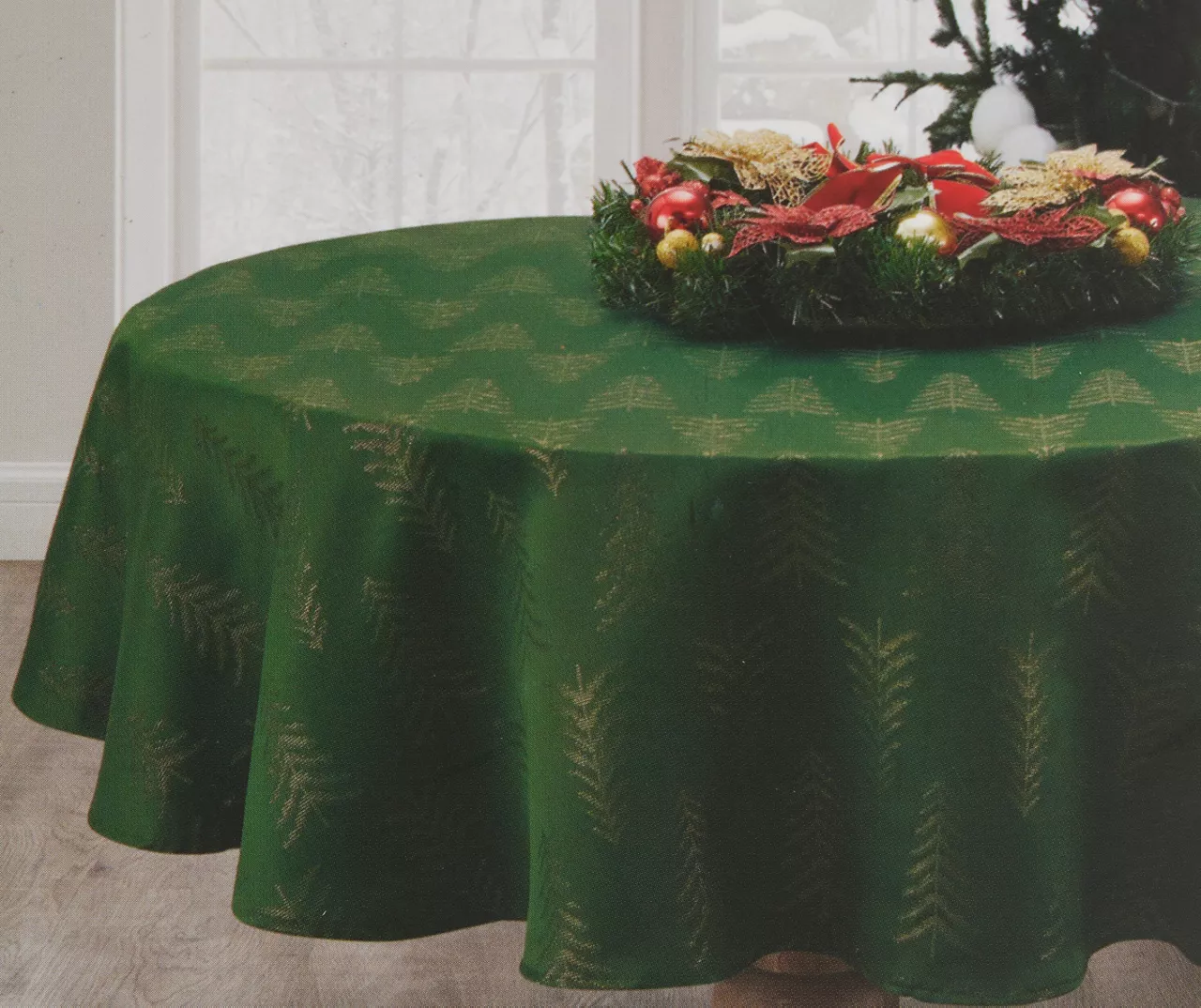 Broyhill Festive Gathering Green & Gold Trees Fabric Tablecloth 2 Broyhill Festive Gathering Green & Gold Trees Fabric Tablecloth - Image 2