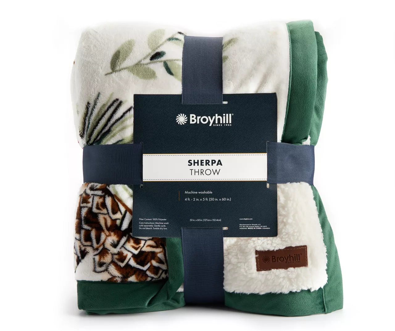 White & Green Pine Print Sherpa Throw, (50" X 60") 2 White & Green Pine Print Sherpa Throw, (50" X 60") - Image 2